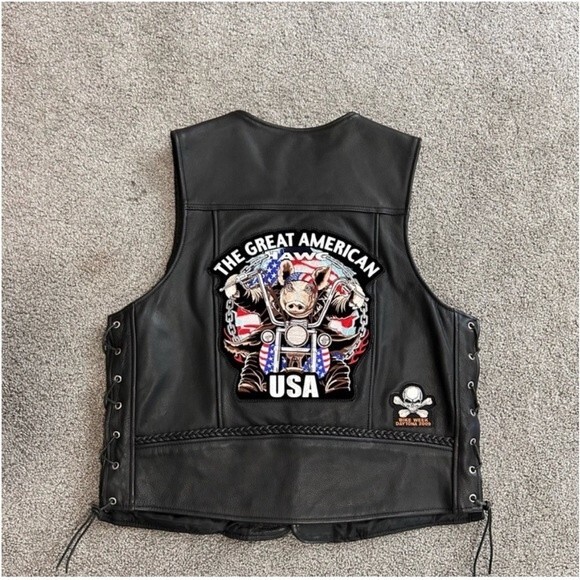 Unik Black Leather Vest with Lace-Up Sides, Braided Leather, HOG Patches LARGE - Picture 7 of 15